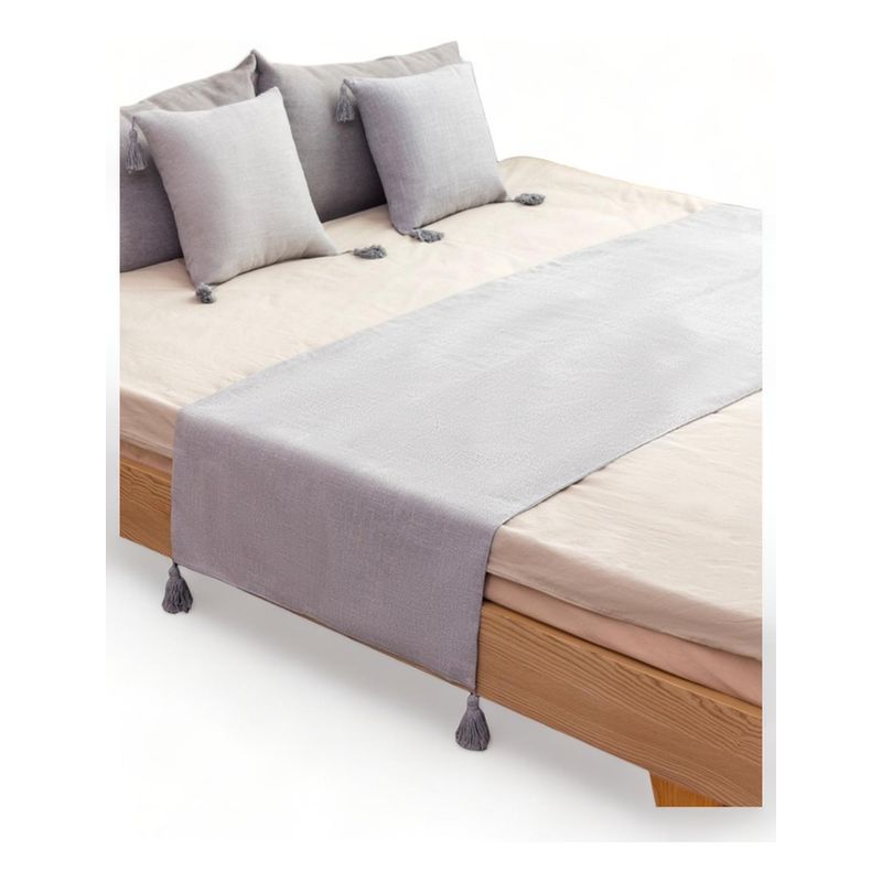 GENERICO - Pie De Cama King + 2 Fundas En Lino Con Borlas 70x210cm - Gris