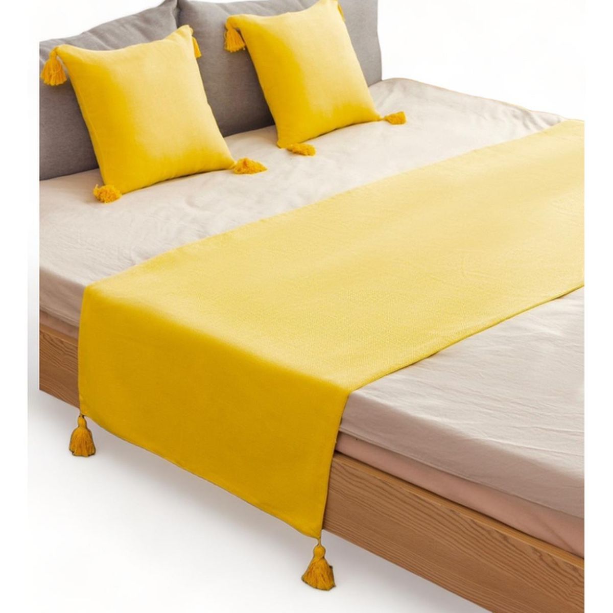 GENERICO - Pie De Cama King + 2 Fundas En Lino Con Borlas 70x210cm - Amarillo
