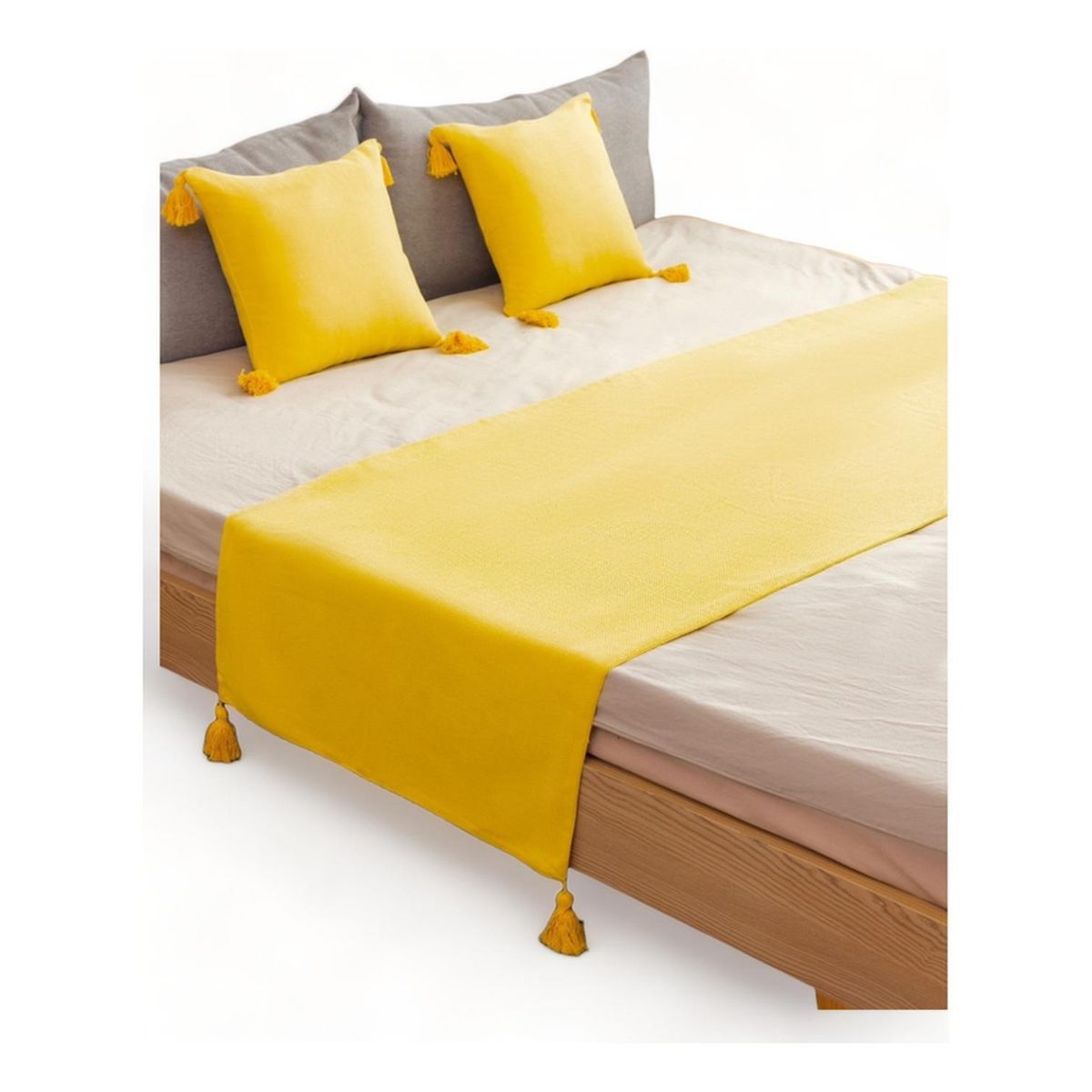 GENERICO - Pie De Cama King + 2 Fundas En Lino Con Borlas 70x210cm - Amarillo