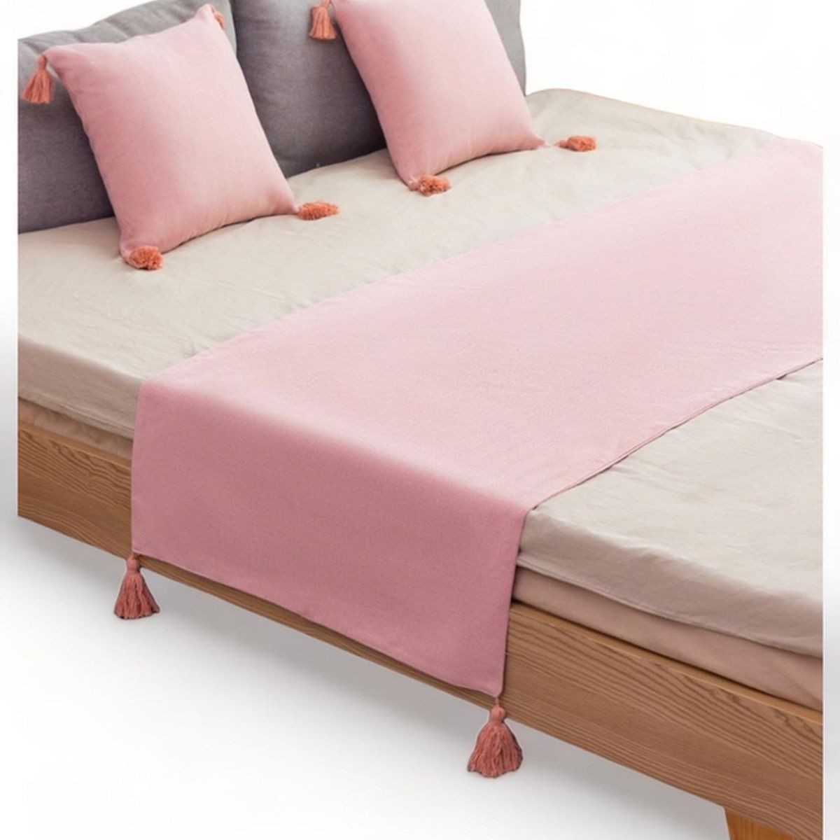 GENERICO - Pie De Cama King + 2 Fundas En Lino Con Borlas 70x210cm - Rosa
