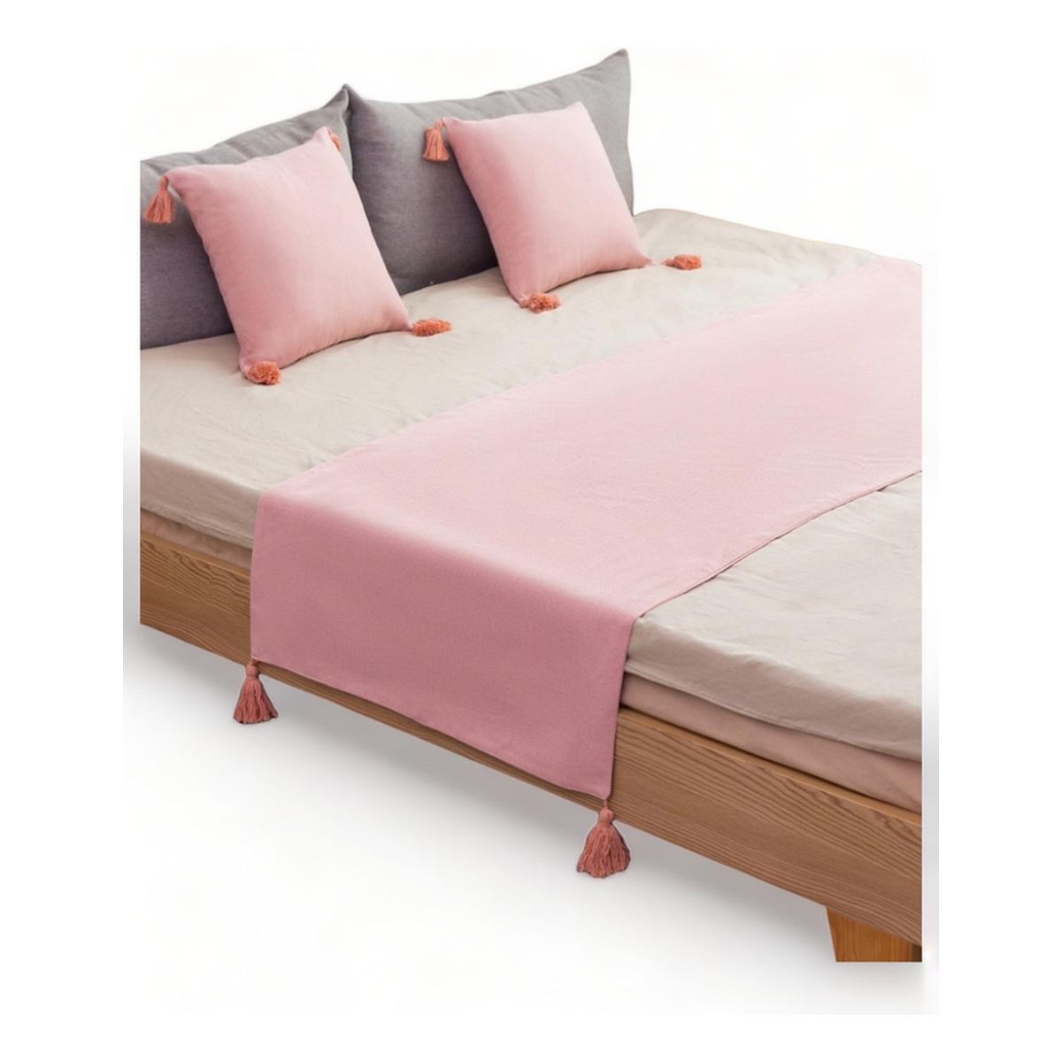 GENERICO - Pie De Cama King + 2 Fundas En Lino Con Borlas 70x210cm - Rosa
