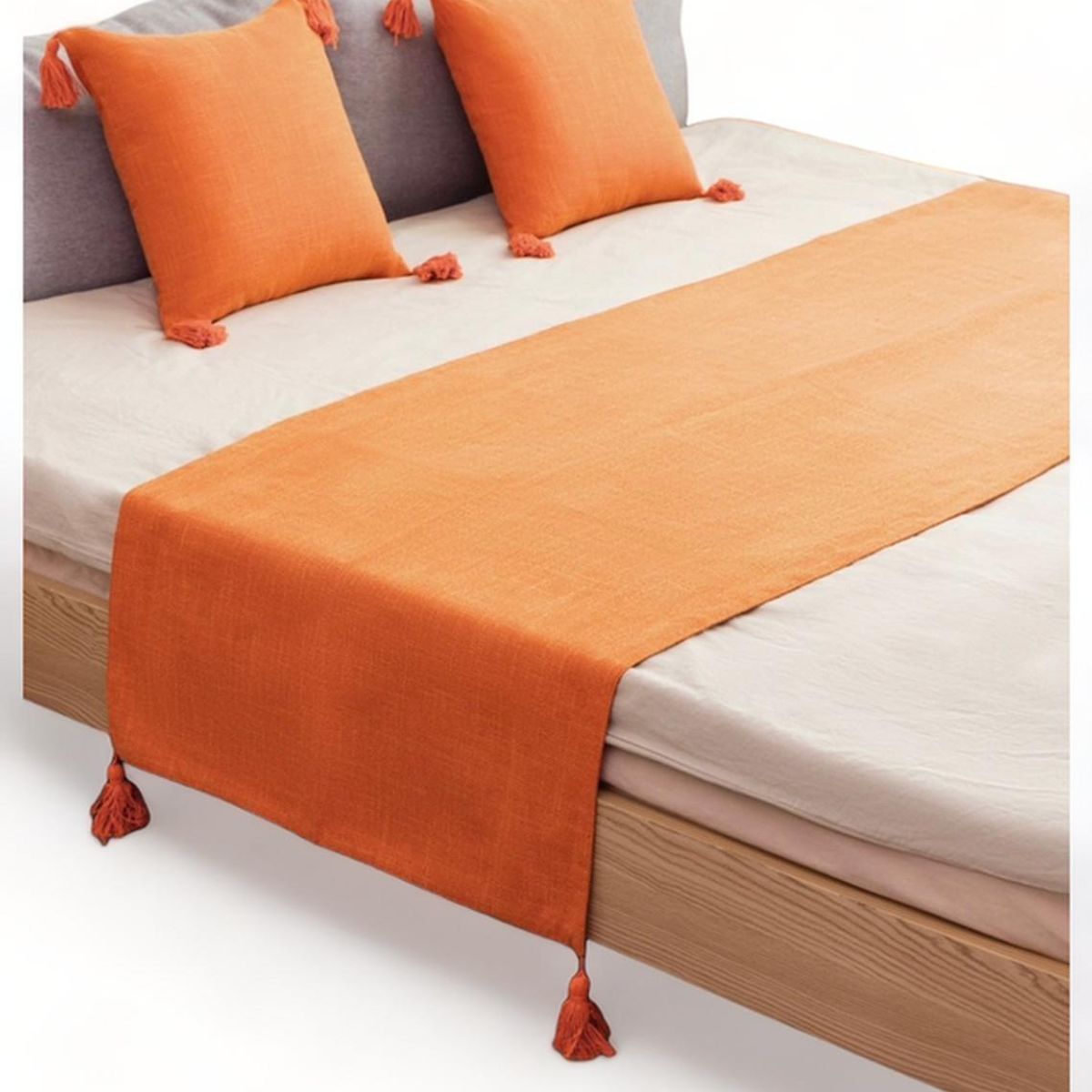 GENERICO - Pie De Cama King + 2 Fundas En Lino Con Borlas 70x210cm - Naranja