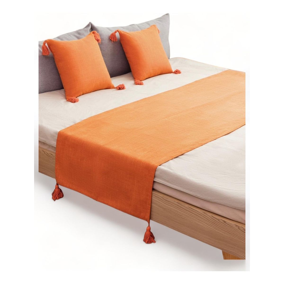 GENERICO - Pie De Cama King + 2 Fundas En Lino Con Borlas 70x210cm - Naranja