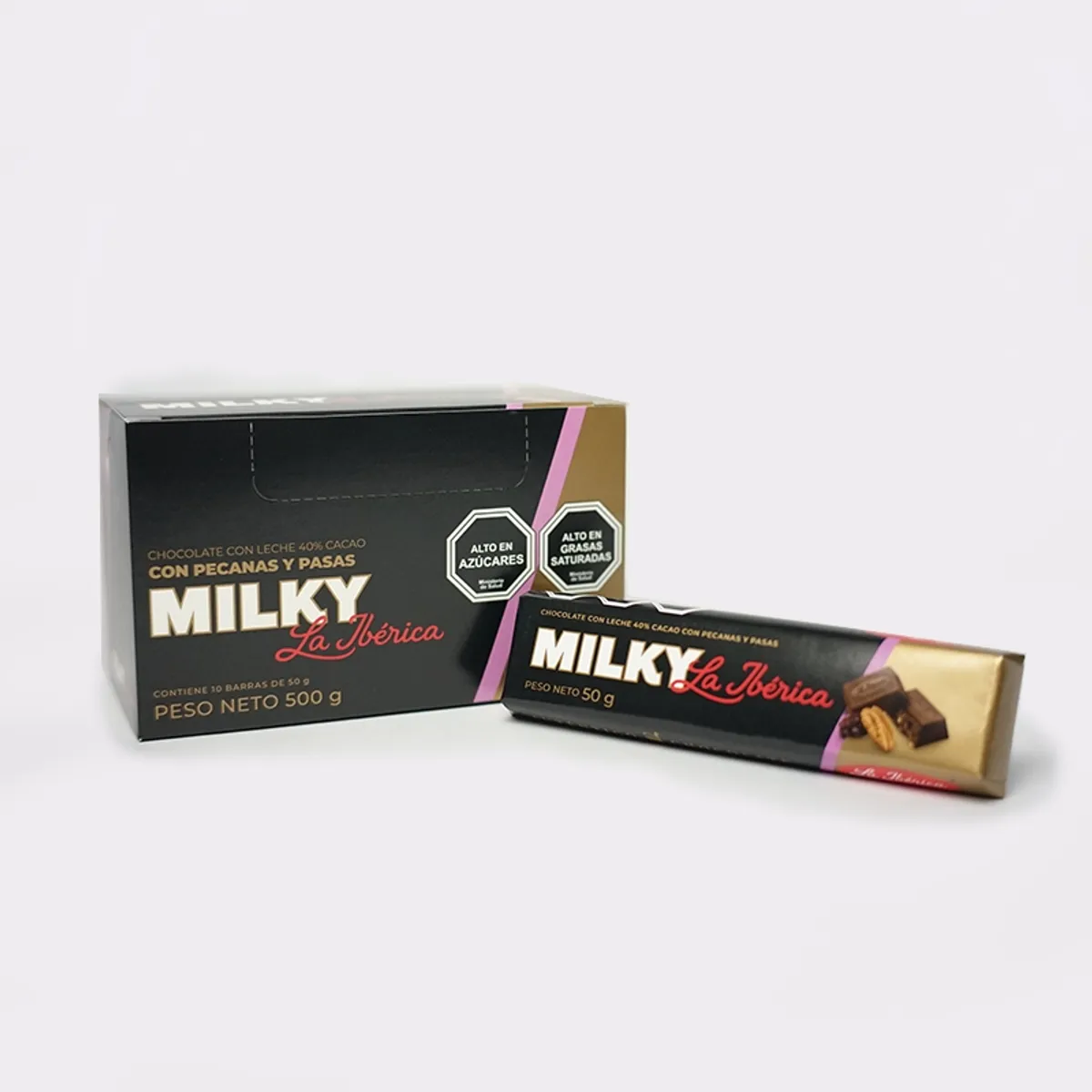 LA IBERICA - PACK X10 CHOCOLATE EN BARRA MILKY PECANAS Y PASAS 50G