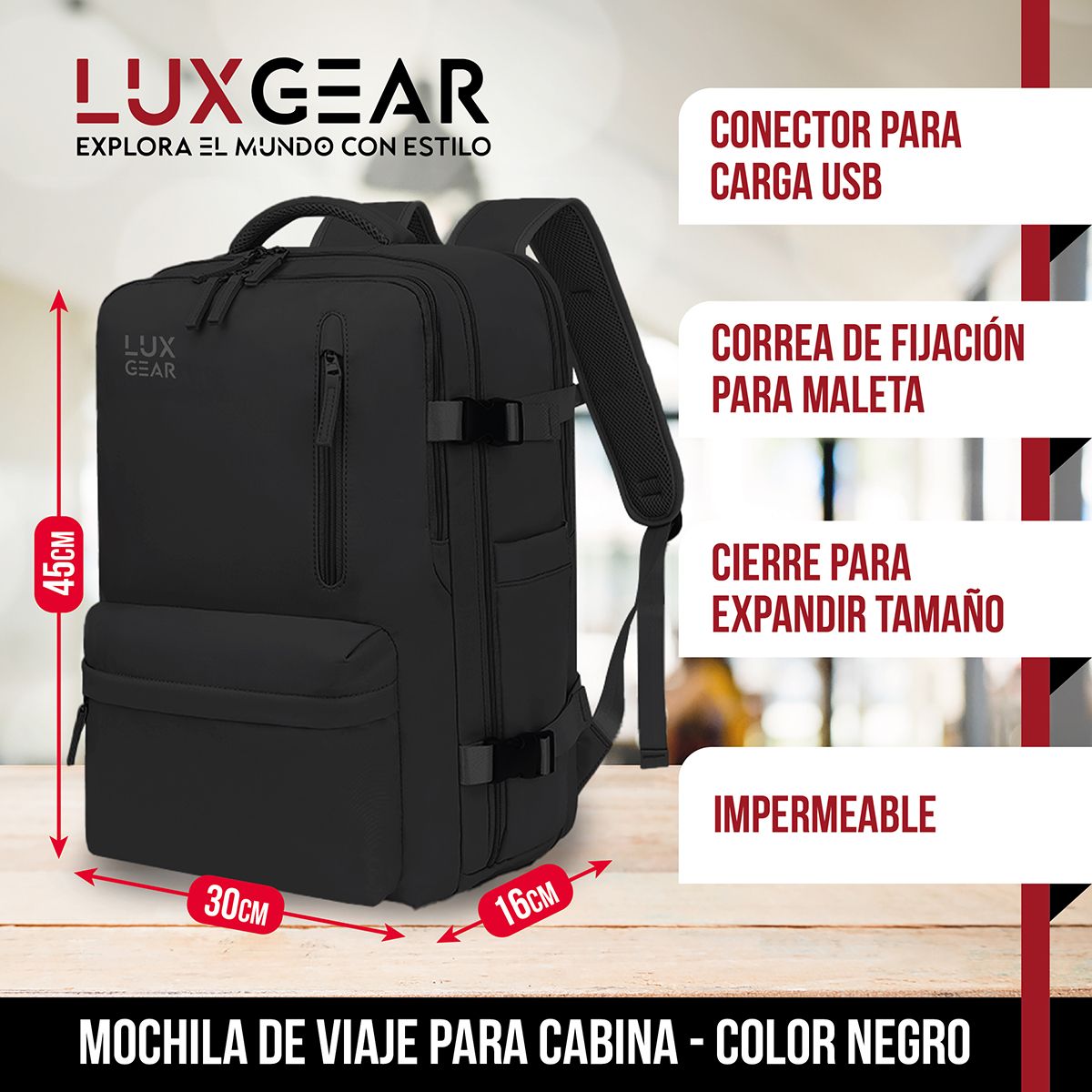 LUXGEAR - Mochila De Viaje Expansible Luxgear NomadLifeV2 Impermeable - Negro