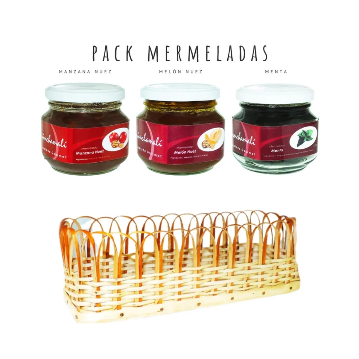 QUINCHAMALI MERMELADA GOURMET - Pack Manzana nuez Melón nuez Menta en cesta de mimbre