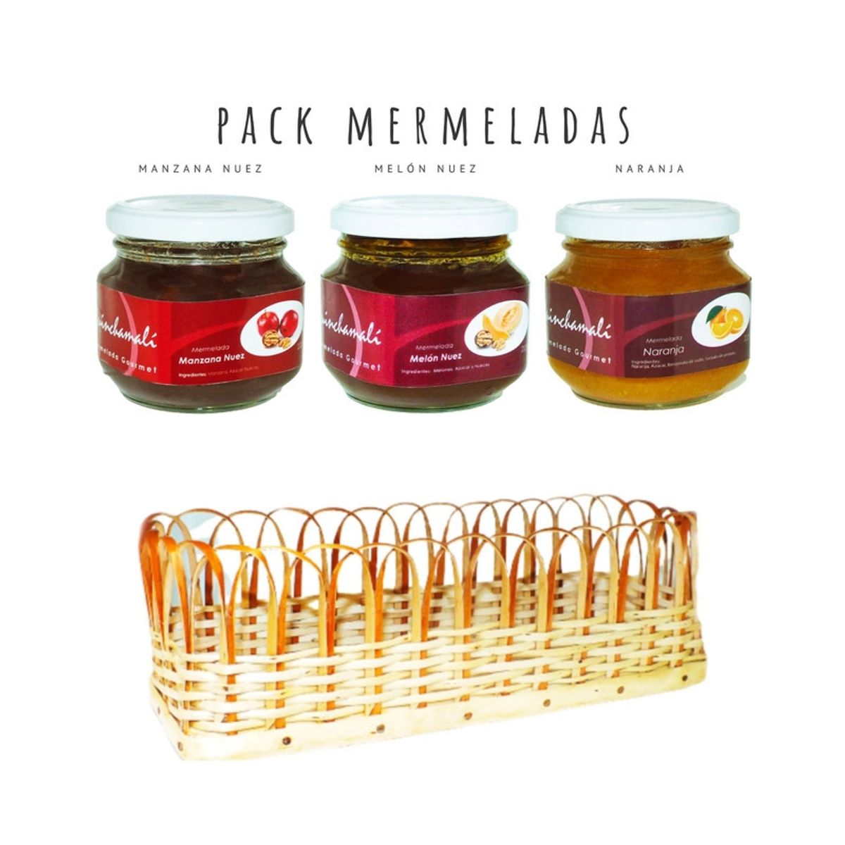 QUINCHAMALI MERMELADA GOURMET - Pack Manzana nuez Melón nuez Naranja en cesta de mimbre