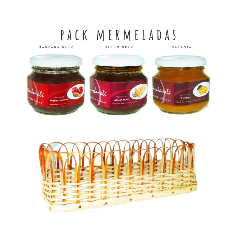 QUINCHAMALI MERMELADA GOURMET - Pack Manzana nuez Melón nuez Naranja en cesta de mimbre