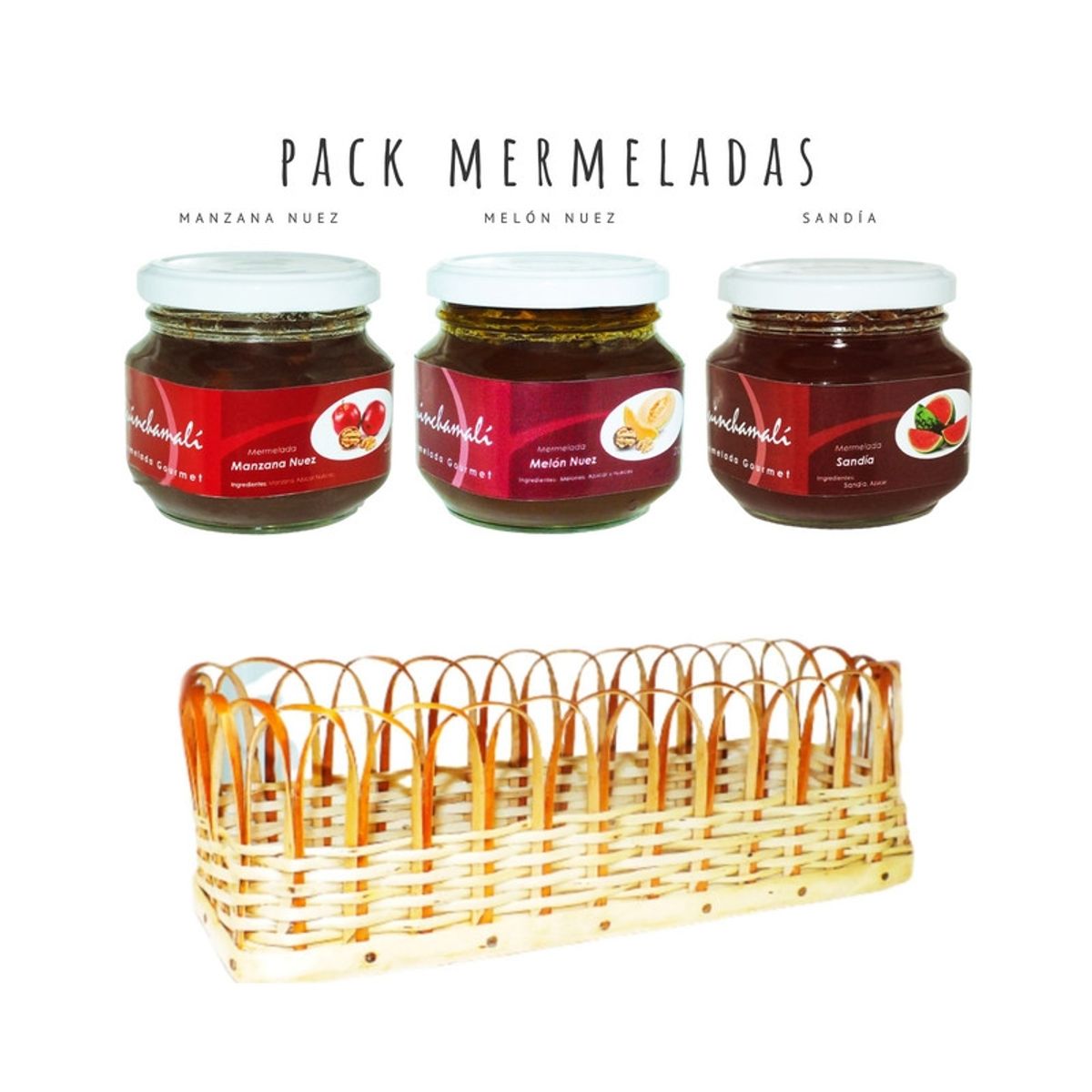 QUINCHAMALI MERMELADA GOURMET - Pack Manzana nuez Melón nuez Sandía en cesta de mimbre