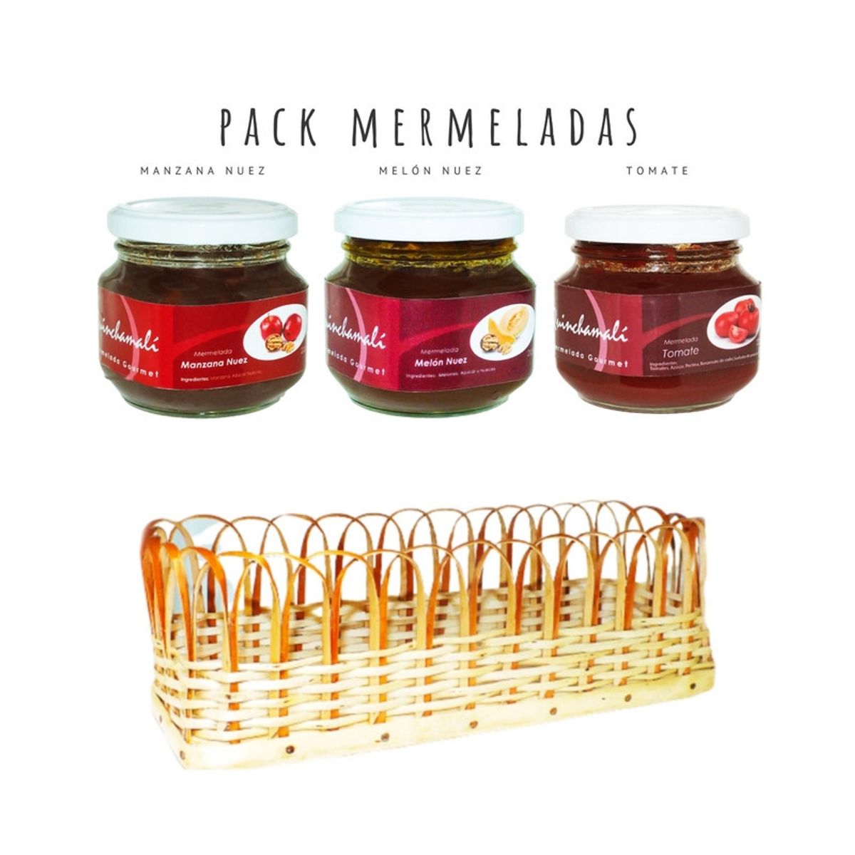 QUINCHAMALI MERMELADA GOURMET - Pack Manzana nuez Melón nuez Tomate en cesta de mimbre