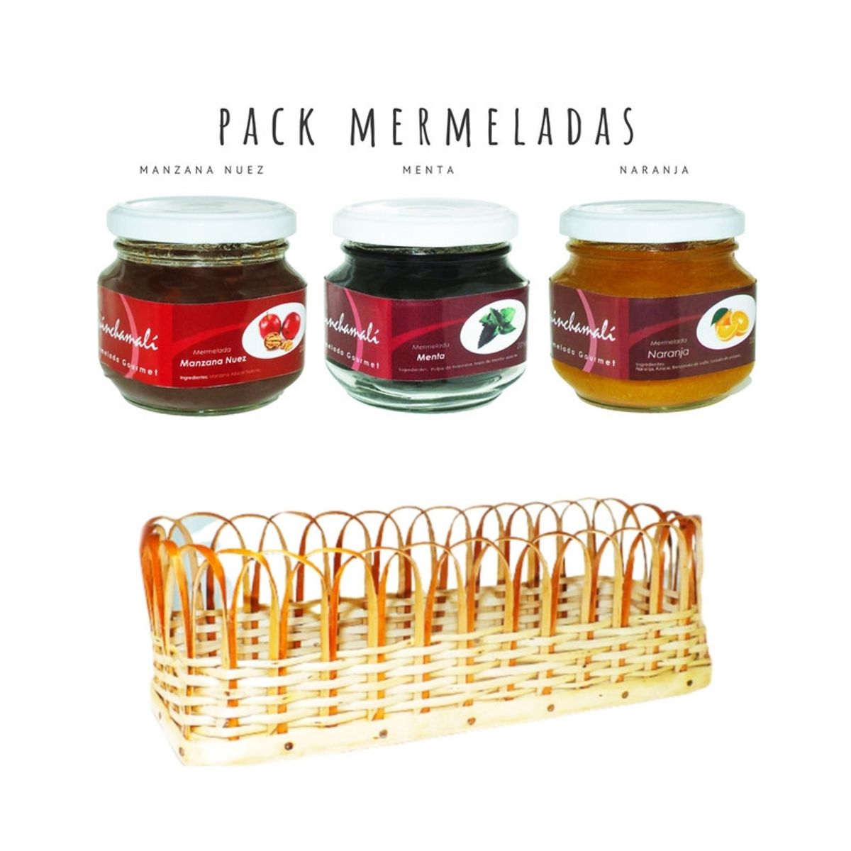 QUINCHAMALI MERMELADA GOURMET - Pack Manzana nuez Menta Naranja en cesta de mimbre