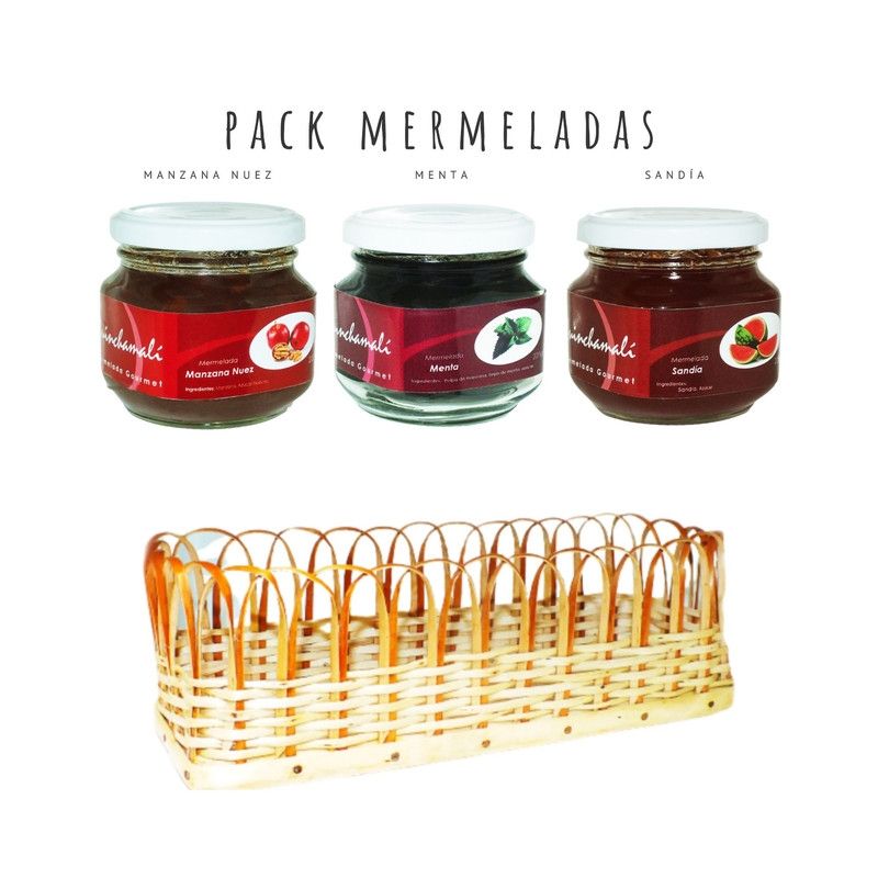 QUINCHAMALI MERMELADA GOURMET - Pack Manzana nuez Menta Sandía en cesta de mimbre