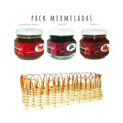 QUINCHAMALI MERMELADA GOURMET - Pack Manzana nuez Menta Sandía en cesta de mimbre