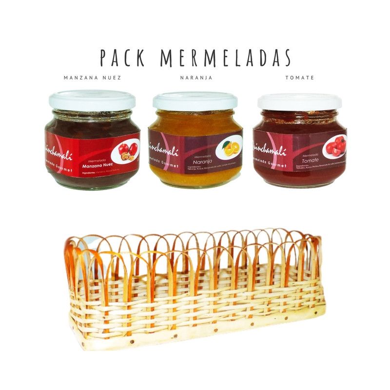 QUINCHAMALI MERMELADA GOURMET - Pack Manzana nuez Naranja Tomate en cesta de mimbre