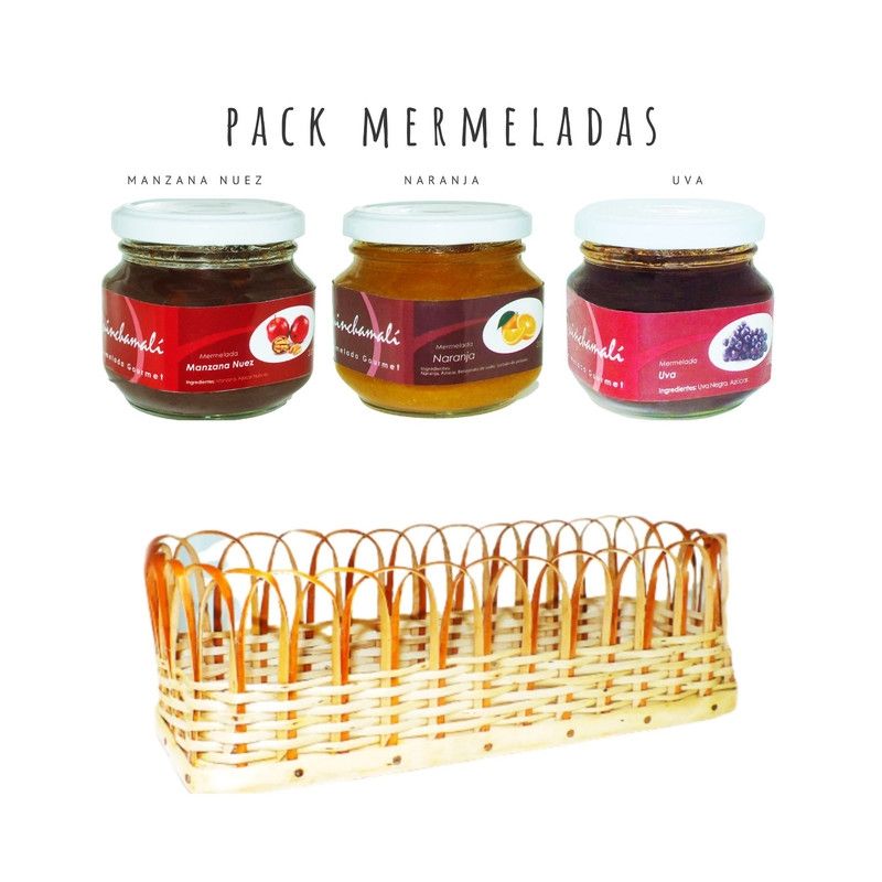 QUINCHAMALI MERMELADA GOURMET - Pack Manzana nuez Naranja Uva en cesta de mimbre