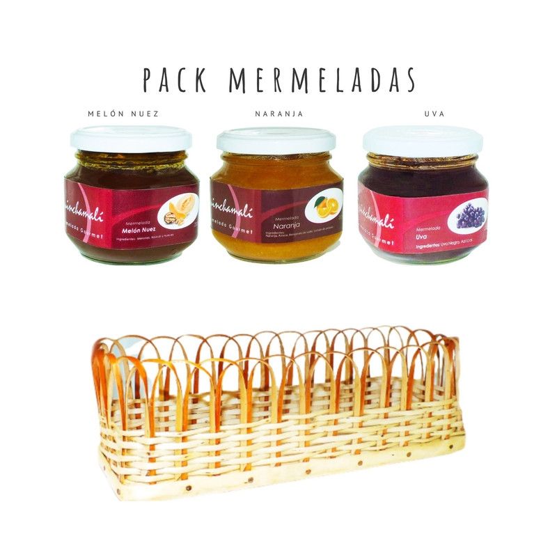 QUINCHAMALI MERMELADA GOURMET - Pack Melón nuez Naranja Uva en cesta de mimbre