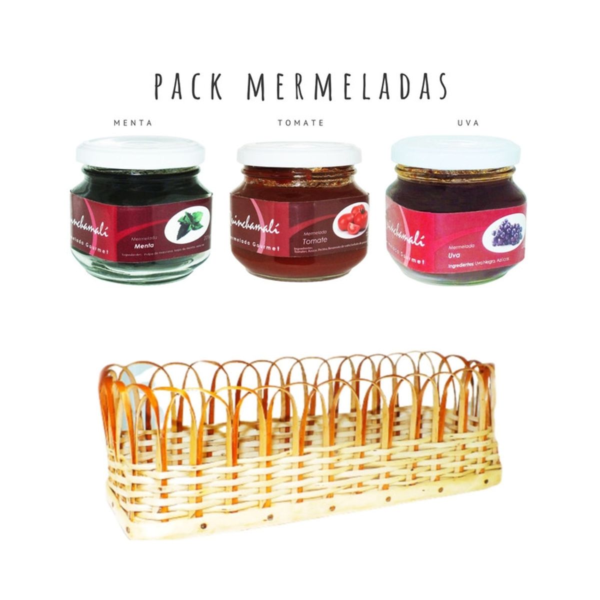 QUINCHAMALI MERMELADA GOURMET - Pack Menta Tomate Uva en cesta de mimbre