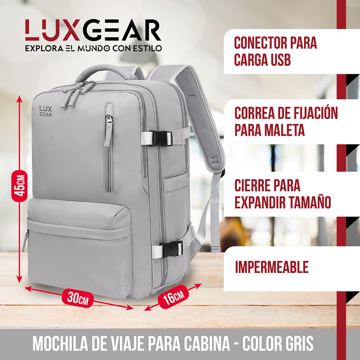 LUXGEAR - Mochila De Viaje Expansible Luxgear NomadLifeV2 Impermeable - Gris