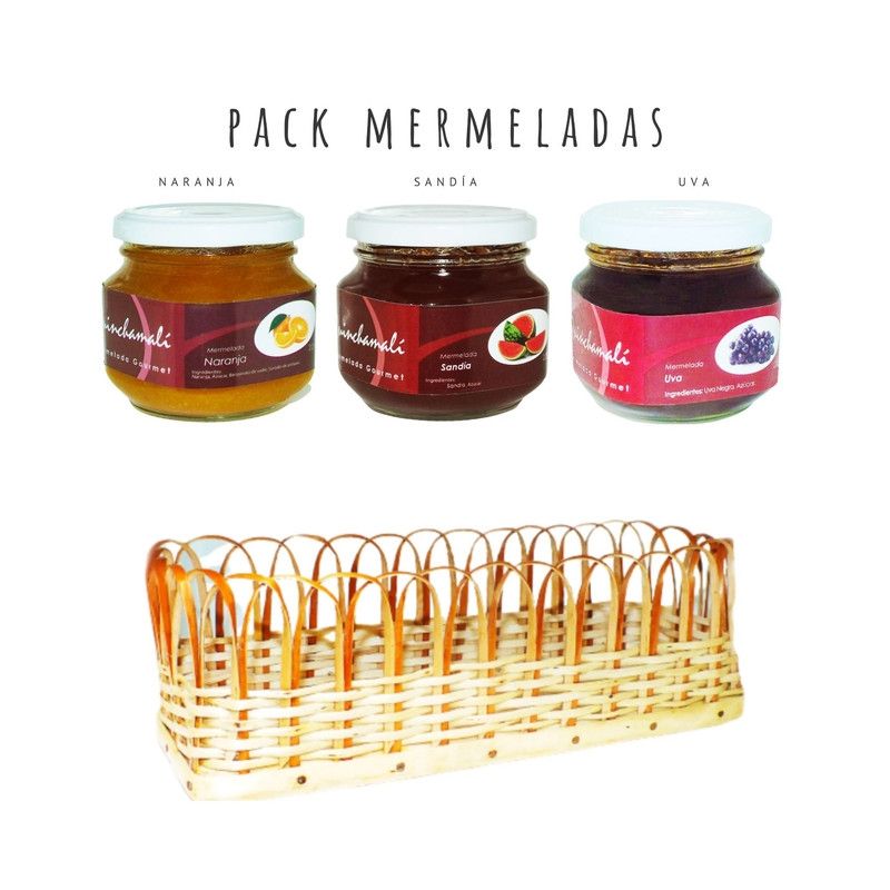 QUINCHAMALI MERMELADA GOURMET - Pack Naranja Sandía Uva en cesta de mimbre