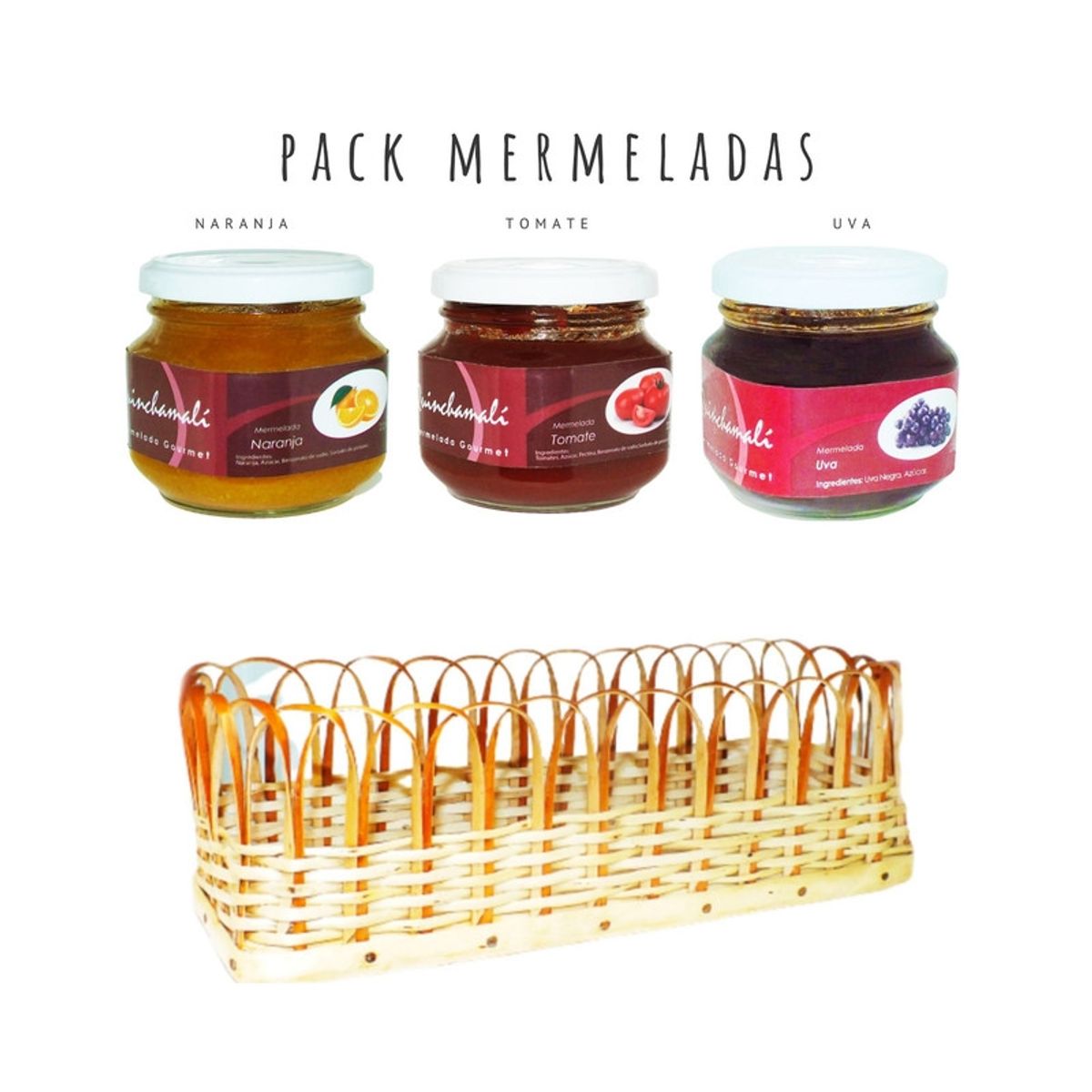 QUINCHAMALI MERMELADA GOURMET - Pack Naranja Tomate Uva en cesta de mimbre