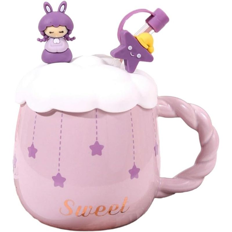 GENERICO - TazónMug Diseños De Anime con Tapa de Silicona y Bombilla Lila