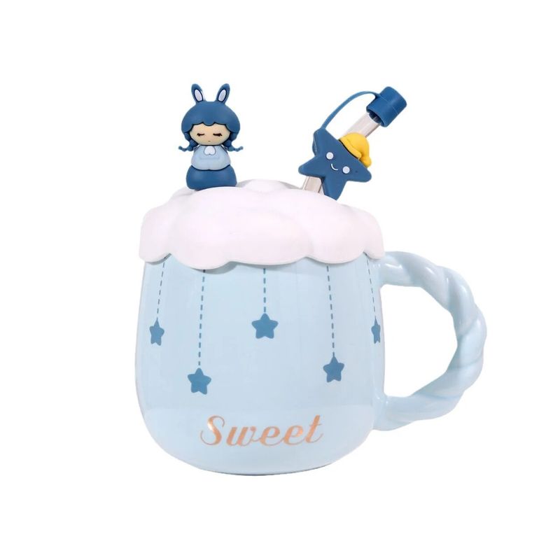 GENERICO - TazónMug Diseños De Anime con Tapa de Silicona y Bombilla Celeste