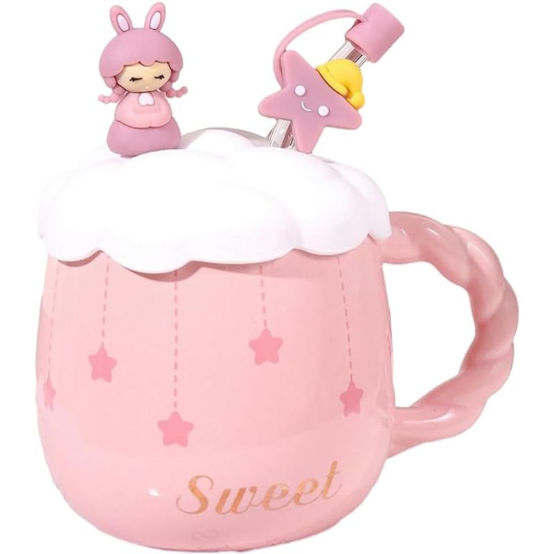 GENERICO - TazónMug Diseños De Anime con Tapa de Silicona y Bombilla Rosado