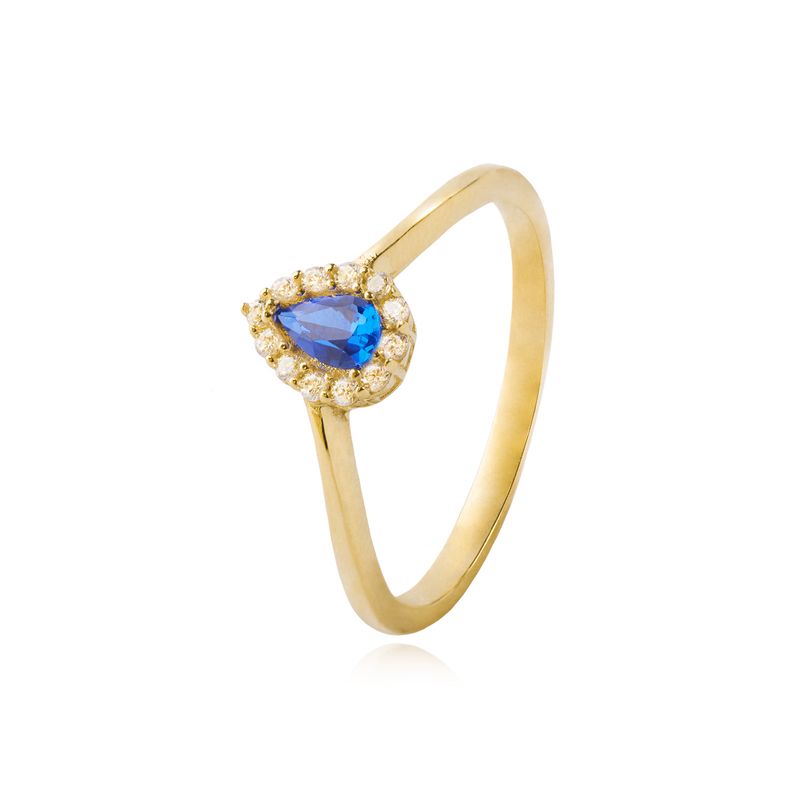 JB JOYAS BARON - Anillo Compromiso de Oro 18kt Modelo Gota con Zafiro y Circón