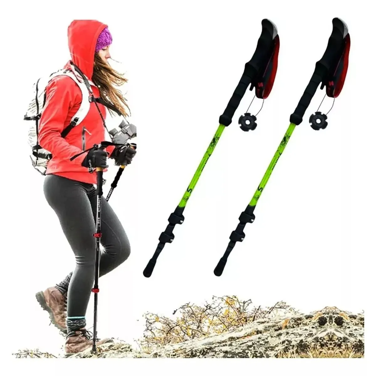 GENERICO - 2 Bastón Trekking Senderismo Camping 3 Tramos Duralumin 7075 Verde