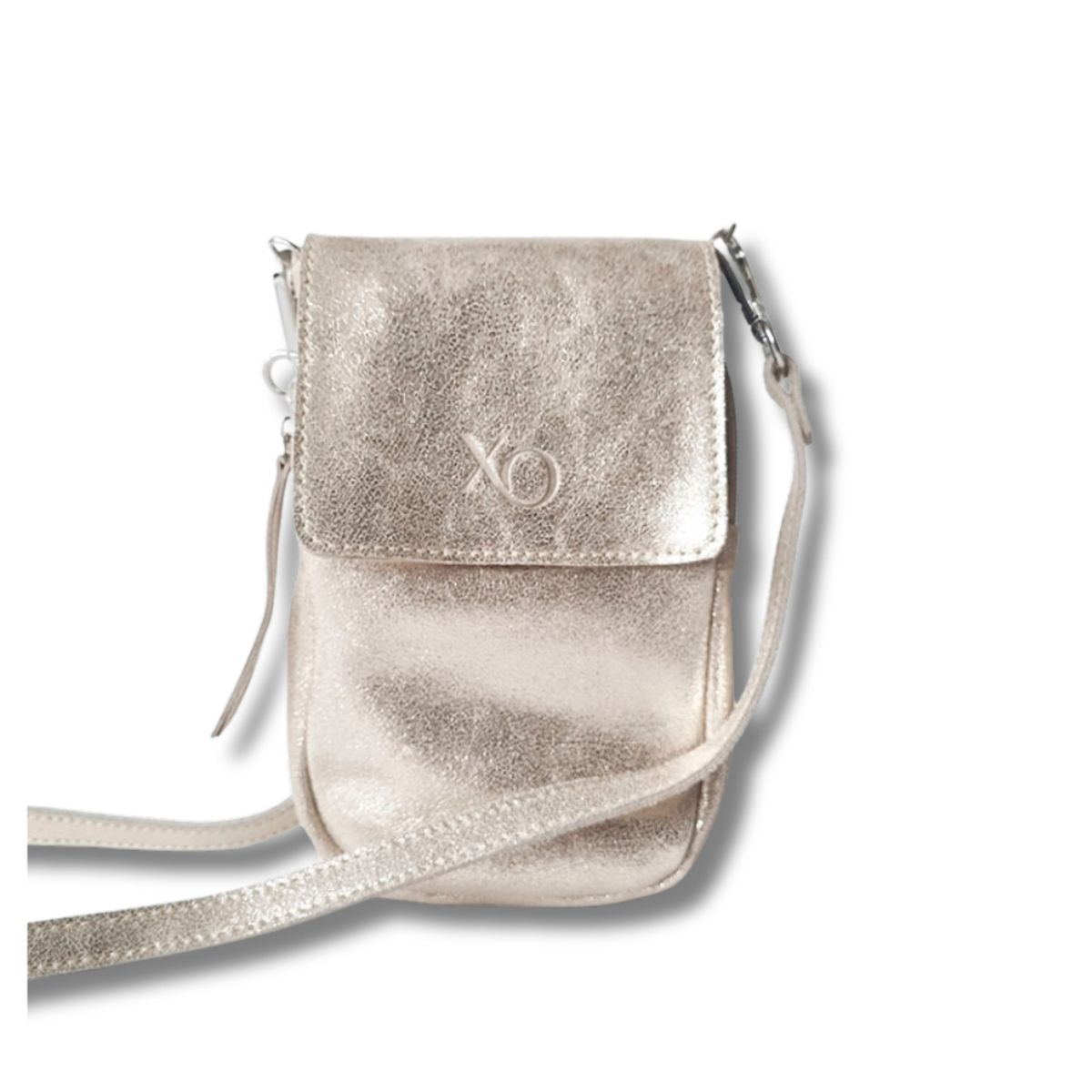 XO ACCESORIOS - Turin Cartera Bandolera Cuero Dorado Brillo Correa Clásica