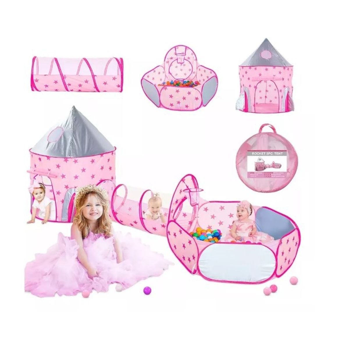 GENERICO - Carpa Piscina Cohete Túnel Plegable Infantil 3 En 1 Rosa