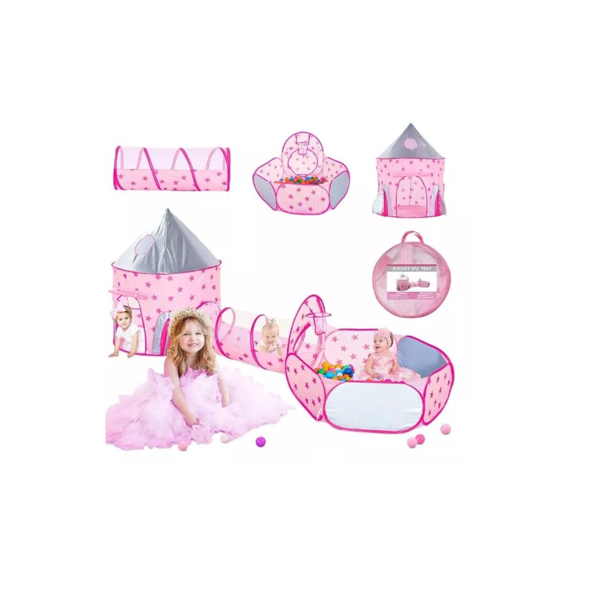 GENERICO - Carpa Piscina Cohete Túnel Plegable Infantil 3 En 1 Rosa