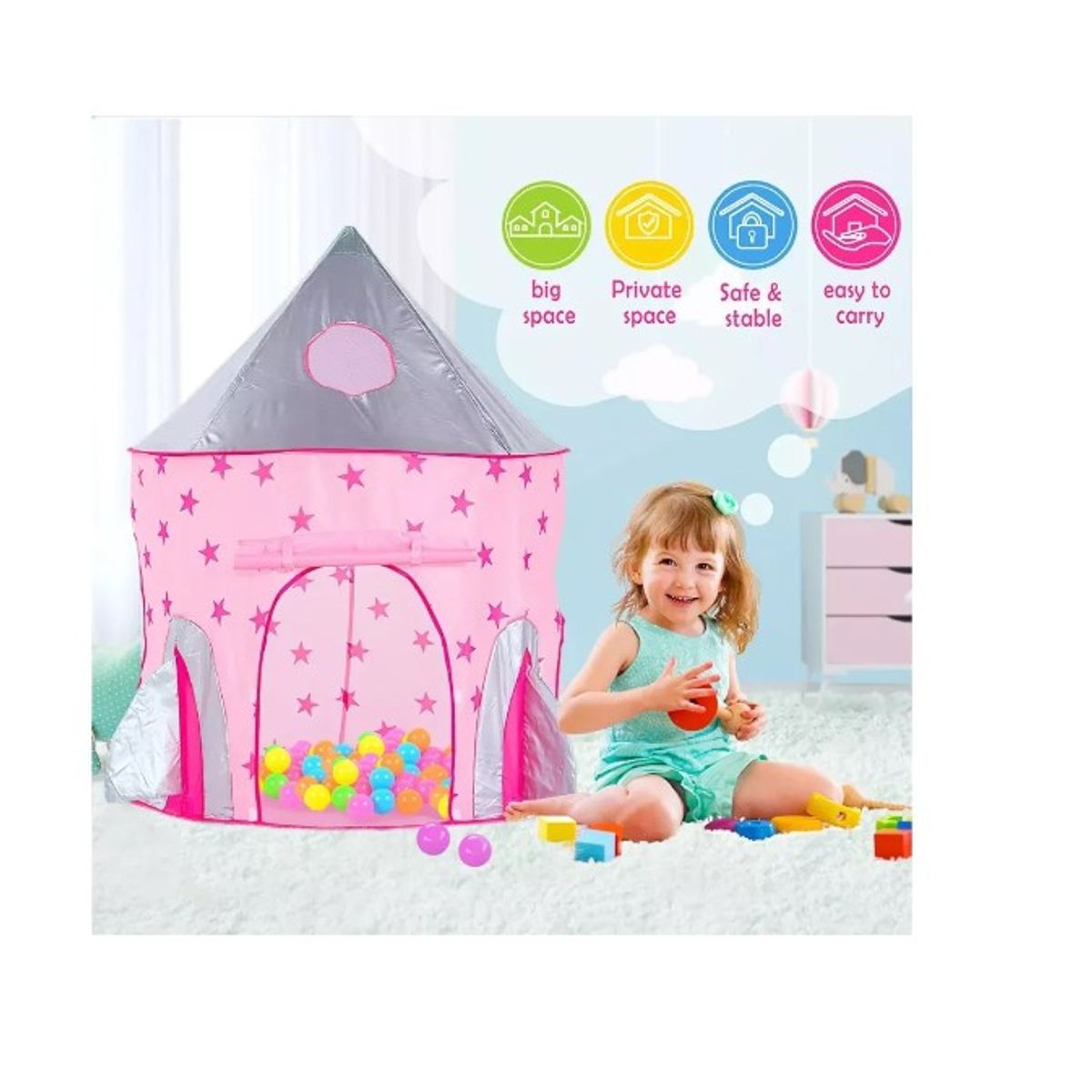 GENERICO - Carpa Piscina Cohete Túnel Plegable Infantil 3 En 1 Rosa