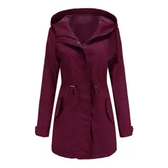 TIOZONEY - Cortavientos largo con gorro para mujer - Burdeo