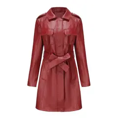 TIOZONEY - Abrigo largo PU con lazo para mujer - Rojo