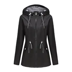 TIOZONEY - Cortavientos impermeable con gorro para mujer - Negro