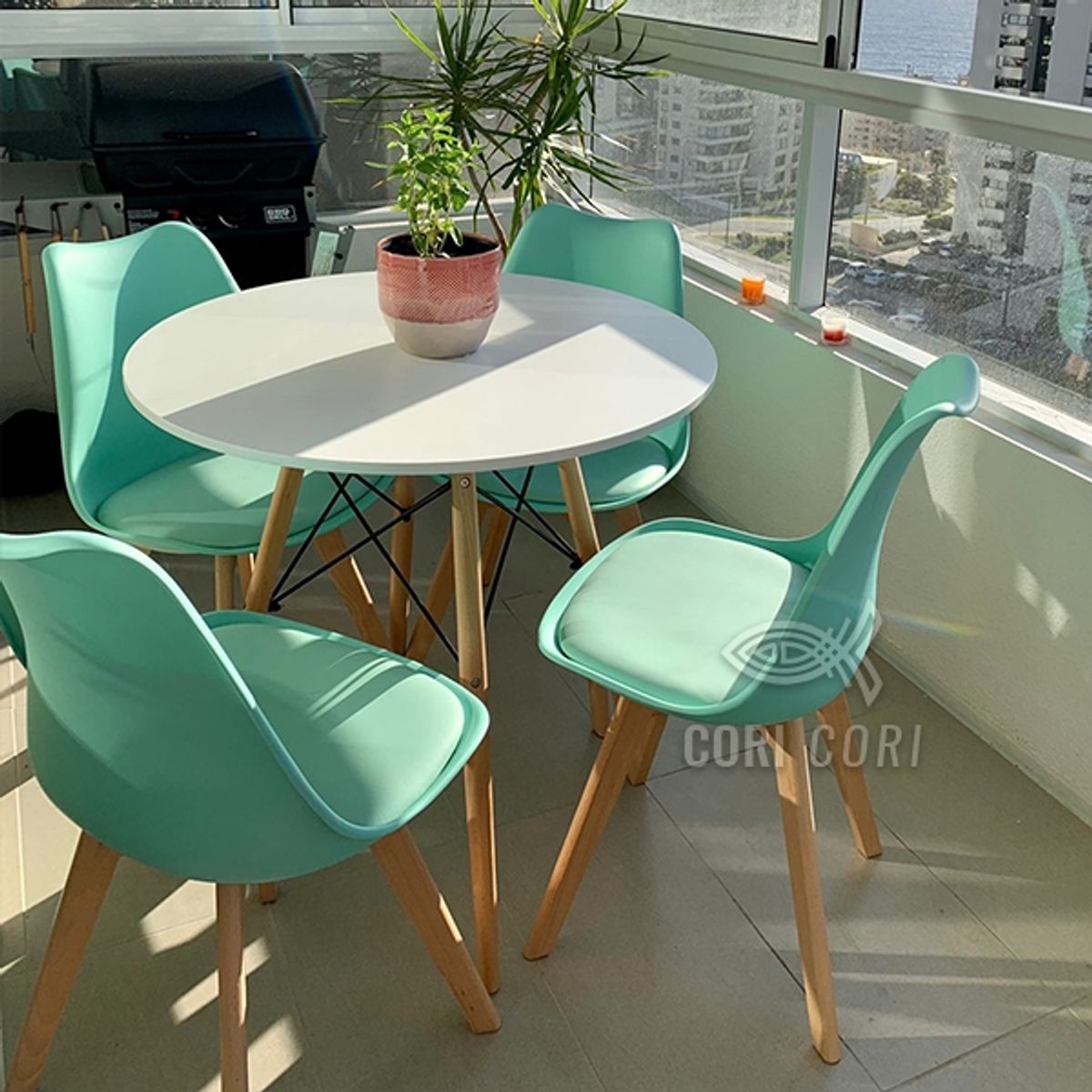 CORI CORI - Juego de Comedor Mesa Eames Melamina Blanca 80cm + 4 Sillas Tulip Menta
