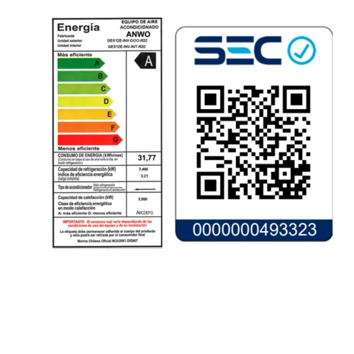 ANWO - Aire acondicionado 12000 btu split muro Inverter ANWO