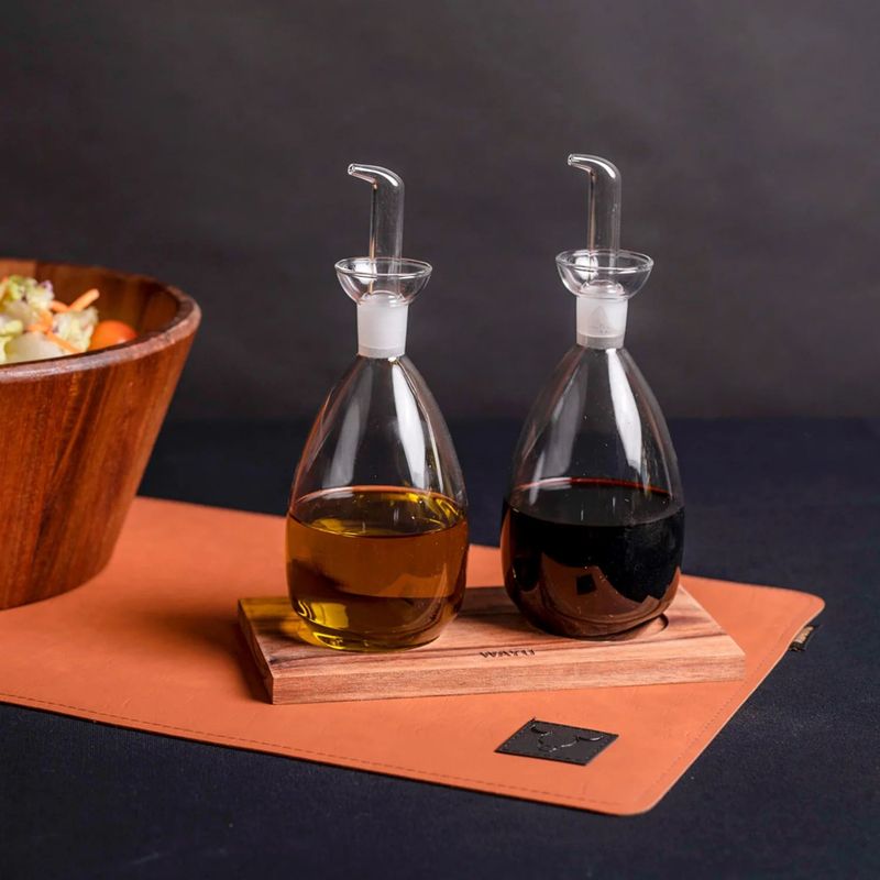 WAYU - Set 2 Alcuza Vidrio Con Base Madera Wayu Cocina Accesorios