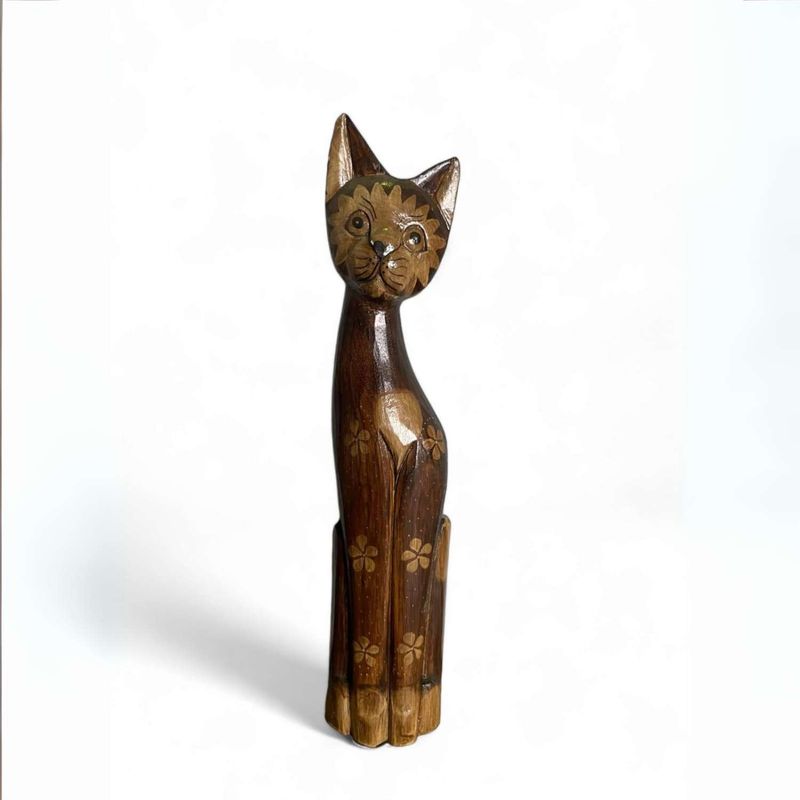 HOME ESSENTIALS - Gato madera artesanal  60 cm café oscuro