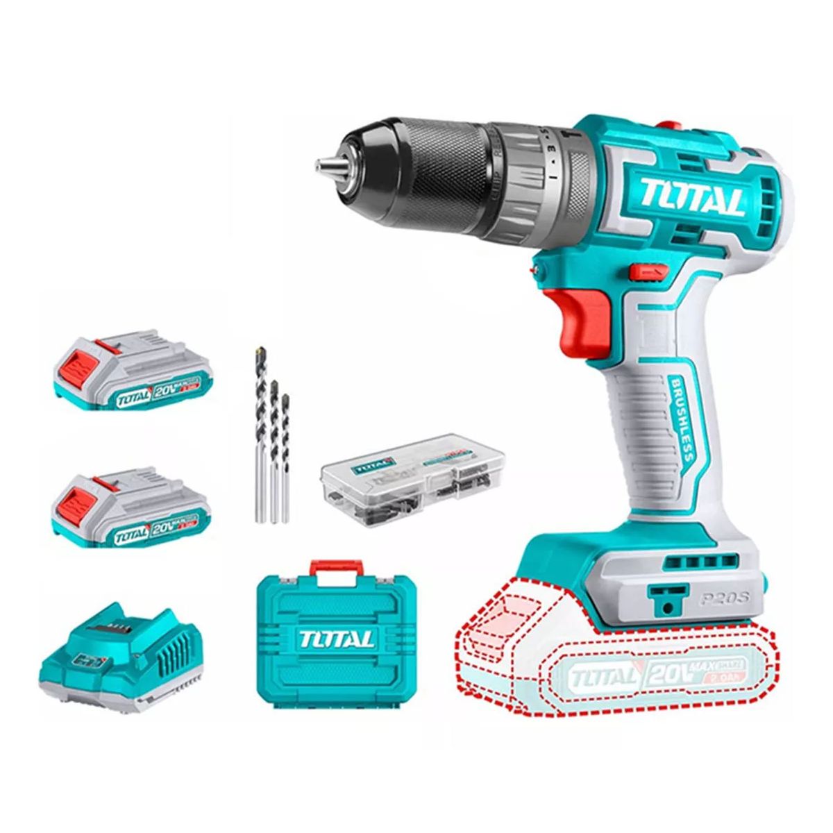 TOTAL TOOLS - Taladro Atornillador Percutor 10mm 20v 2bat+ Carg Tidli20508