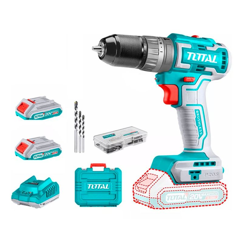 TOTAL TOOLS - Taladro Atornillador Percutor 10mm 20v 2bat+ Carg Tidli20508.