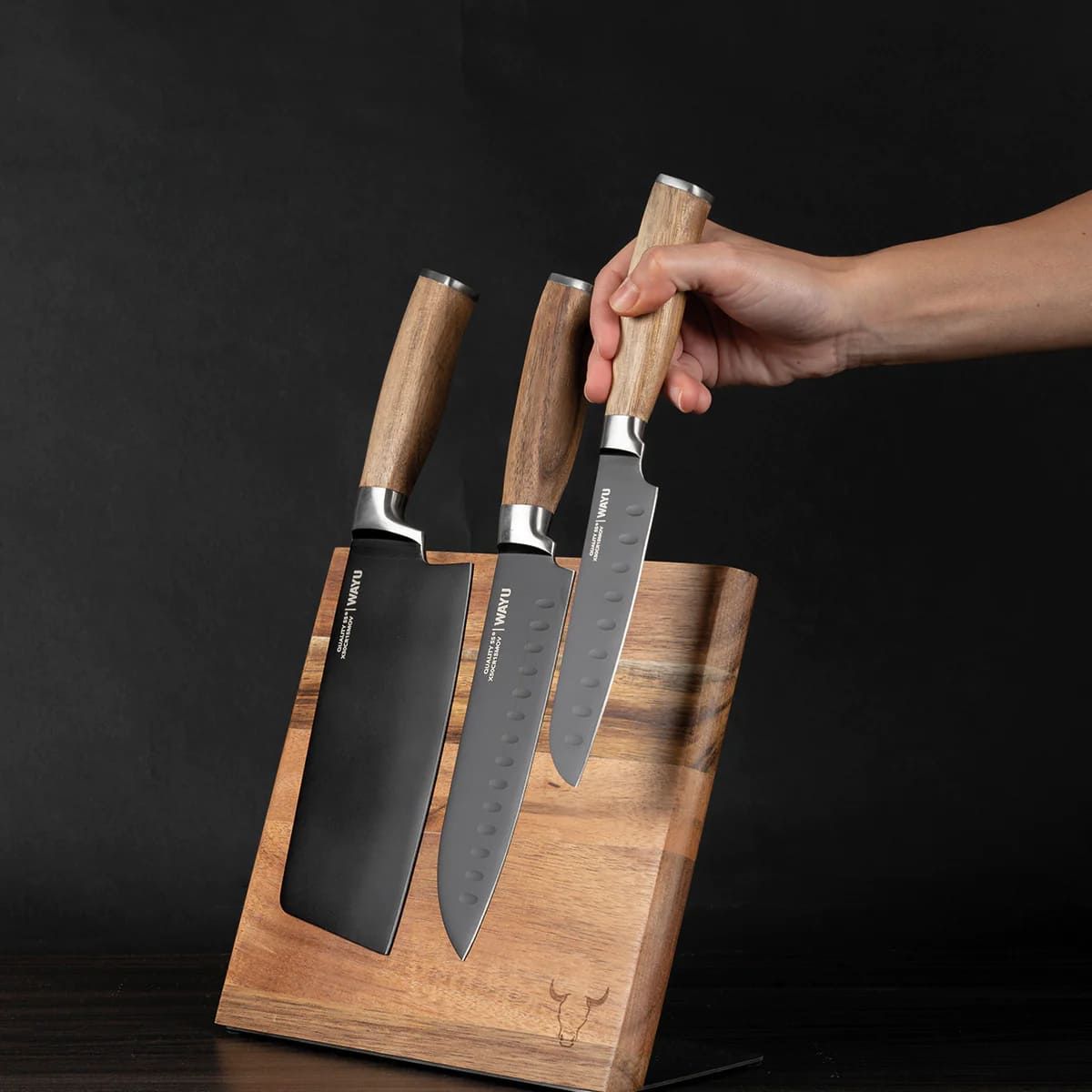 WAYU - Block Magnético Wayu Madera Acacia Con 3 Cuchillos Premium