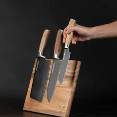 WAYU - Block Magnético Madera Acacia Con 3 Cuchillos Premium