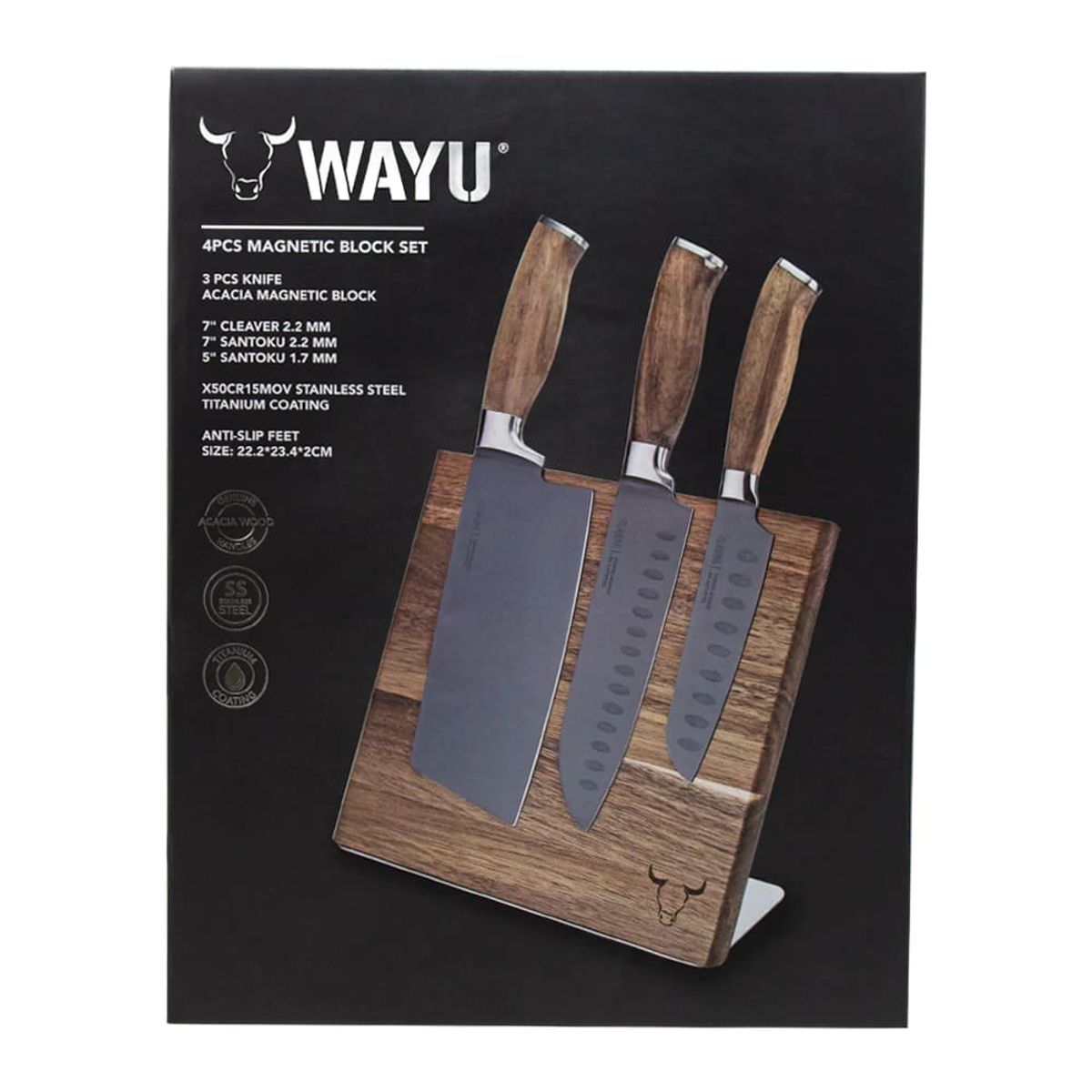 WAYU - Block Magnético Wayu Madera Acacia Con 3 Cuchillos Premium