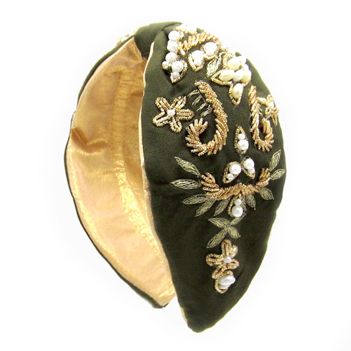 VANE COLLECTION - Cintillo mujer blanco bordado a mano verde dorado y perlas