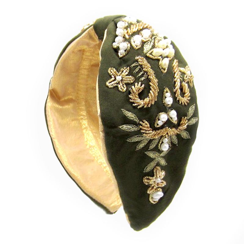 VANE COLLECTION - Cintillo mujer blanco bordado a mano verde dorado y perlas