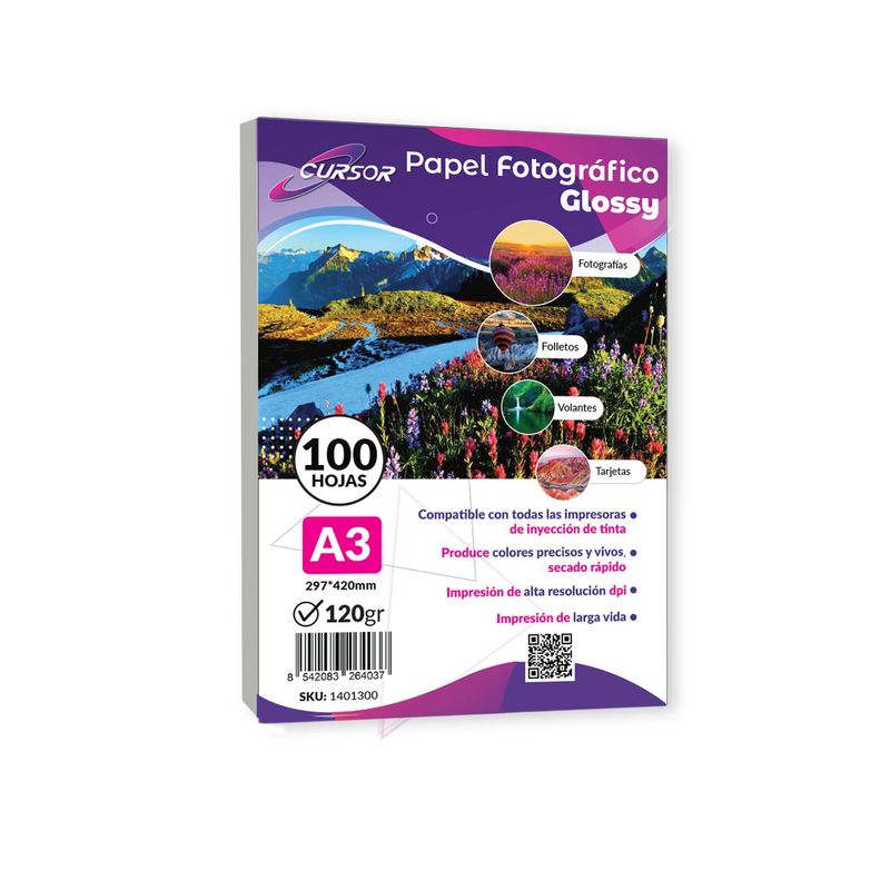 CURSOR - Papel Fotografico Glossy A3 120G 100H Cursor - Blanco - A3