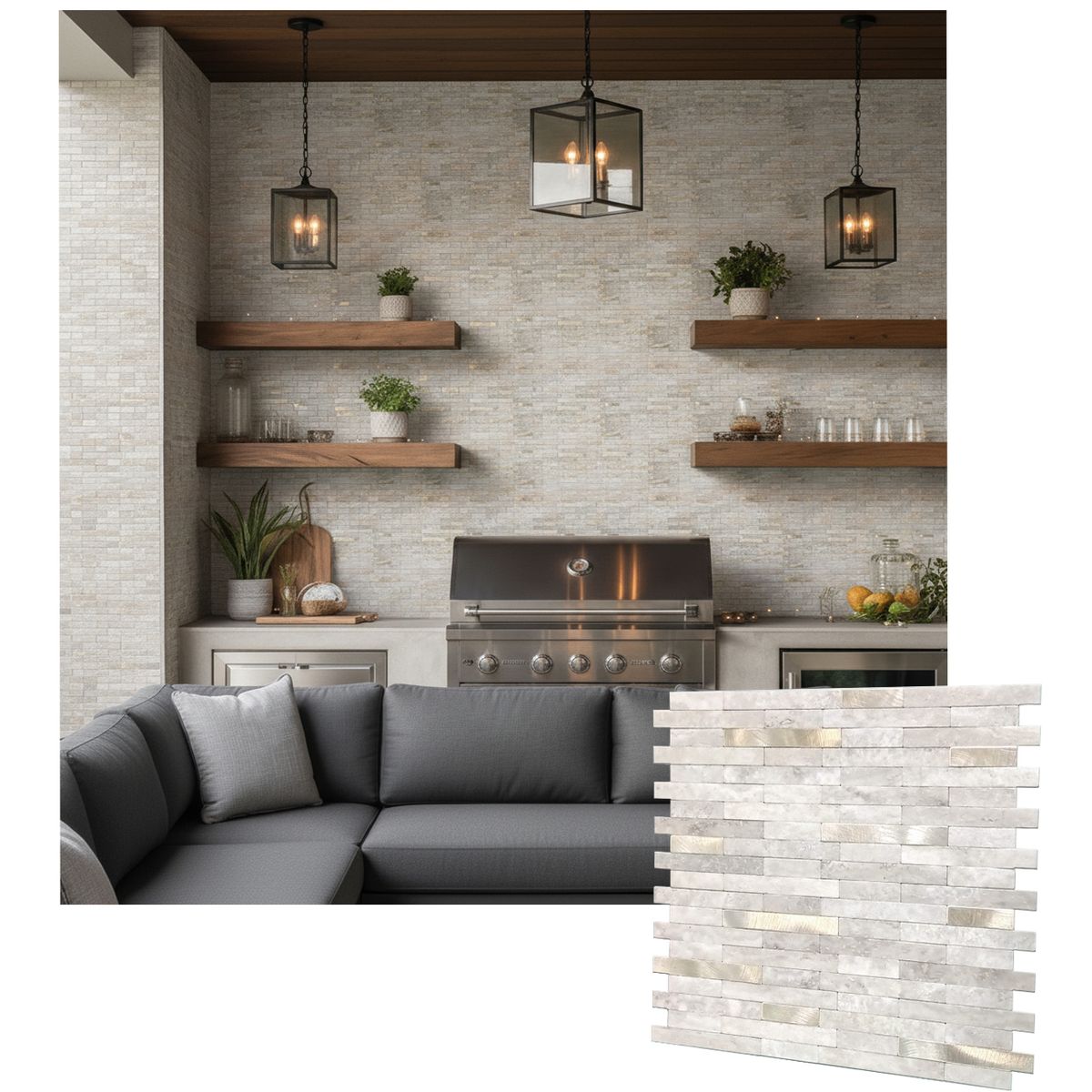 MERCAR RAY - Caja 8 Mosaicos Salpicadero Autoadhesivo PVC Aluminio Mármol Beige 30,6x29,7cm