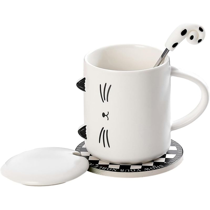 GENERICO - Tazón Diseño de Gato + Tapa Y Cuchara Mug Blanco